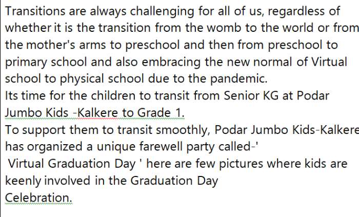 Transition from Sr KG to Grade 1 2021-2022 - bengaluru-kalkere